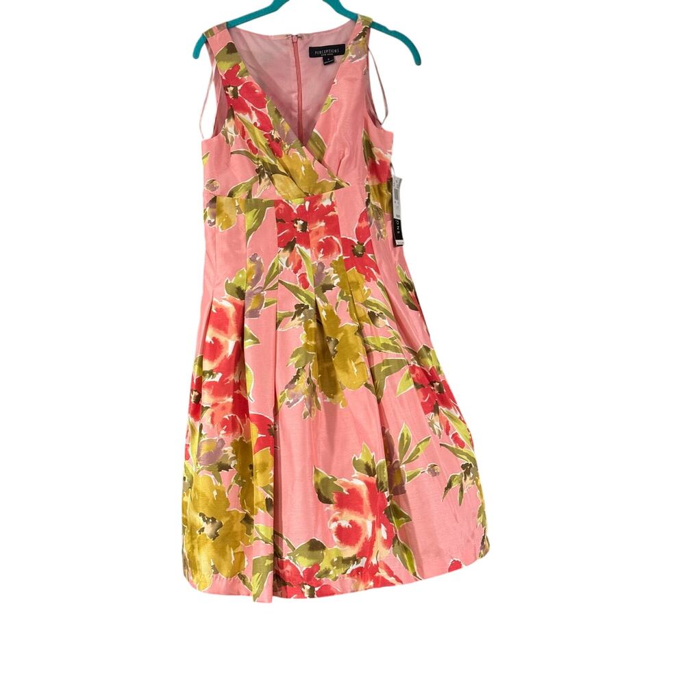 Perceptions Women's Dress Size 6 Pink Green Red Floral V-Neck Zip Knee NWT
